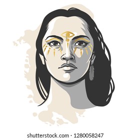 Portrait of pretty woman with festival make up. Vector hand drawn illustration