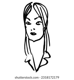 Portrait of a pretty woman. Hand drawn linear doodle rough sketch. Black silhouette on white background.