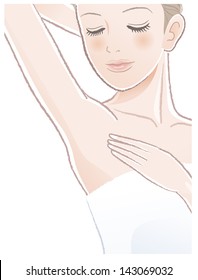 Portrait of pretty woman looking at her armpit .The image is applied with  Clipping mask, not trimmed.File contains Clipping masks, Gradients, Transparency, Blending Tool.