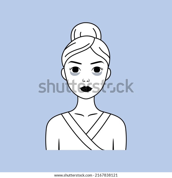 Portrait of a Pretty Woman with Periorbital\
Circles Under eyes. Dark Circles on Female Face. Front view.\
Cartoon Line style. Black White color. Vector illustration for\
Medical and Beauty\
design.