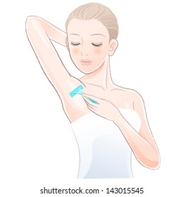 Portrait of pretty woman shaving underarm with razor.File contains Gradients, Transparency, Blending Tooll(expanded).