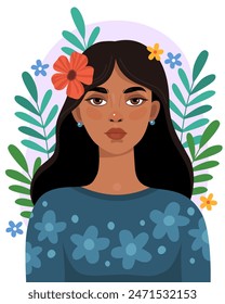 Portrait of a pretty young girl with black hair and brown eyes. Indian or Arab girl. Flowers, leaves, spring or summer illustration. Ecological, natural concept. Female portrait, vector illustration.