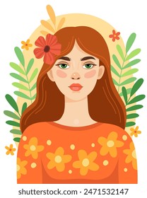 Portrait of a pretty young girl with red hair and green eyes. Flowers and leaves, spring or summer illustration. Ecological, natural concept. Female portrait, vector illustration.