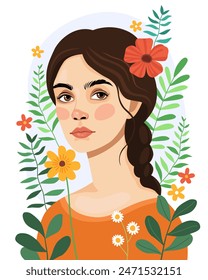 Portrait of a pretty young girl surrounded by summer flowers. A woman with black hair and brown eyes. Female portrait, vector illustration. Ecological, natural concept. Sketch. 