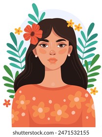 Portrait of a pretty young girl surrounded by summer flowers. A woman with black hair and brown eyes. Female portrait, vector illustration. Ecological, natural concept. Sketch. 