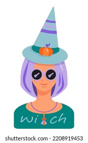 Portrait of pretty young witch in round glasses. Reflection of broom. Purple hair, pointy hat, pumpkin. Character for Halloween. Vector illustration in flat style, invitations, postcards, advertising