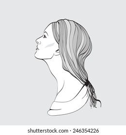 Portrait of pretty young woman in profile view. Vector illustration 