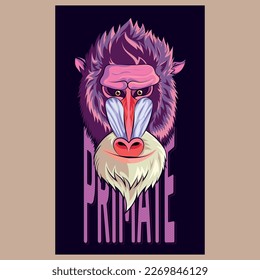 portrait of a primate monkey in vector, with fuchsia and purple colors, t-shirt print Vector