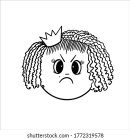 Portrait of a princess with long hair and small crown. Liner freehand drawing of cartoon little girl character. Angry baby face line icon.  Outline vector illustration isolated on white background.