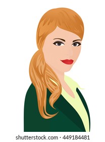 The portrait of PR-manager. Specialist in public relations in green office suit on white background. Isolated vector illustration. Vertical location.