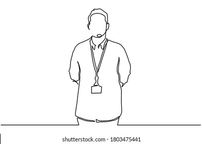 A portrait of a professional consultant stands one line. Line continuous drawing of a shop consultant the electronic department at the store one line. Vector illustration.