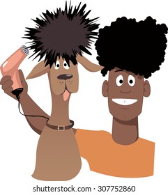 Portrait of a professional pet groomer with a funny dog, looking like him, vector illustration, EPS 8