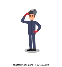 Portrait of professional welder. Young smiling man in welding mask, blue uniform and red protective gloves. Flat vector design