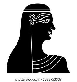Portrait in profile of antique woman. Ancient Egyptian lady. Black and white negative silhouette.