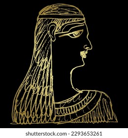 Portrait in profile of antique woman. Ancient Egyptian lady. Hand drawn linear doodle rough sketch. Yellow gold silhouette on black background.