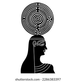 Portrait in profile of antique woman holding a round spiral maze or labyrinth symbol on her head. Ancient Egyptian goddess. Ariadne. Creative concept. Black and white silhouette.