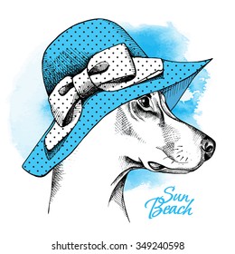 Portrait in profile of a dog Doberman Pinscher wearing blue summer sun hat with bow. Vector illustration.