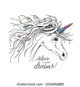 Portrait in a profile of a magical unicorn with a starry mane and horn. Vector illustration.