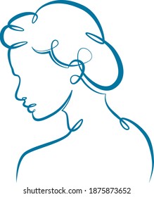 Portrait profile silhouette of a female head, young woman girl with beautiful hairstyle. One line continuous thick bold single drawn art doodle isolated hand drawn outline logo illustration.