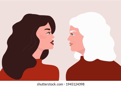 Portrait in profile of two women, young and old, mother and daughter. Female look into the eyes opposite. The concept of different ages, motherhood, life and time. Vector graphics.