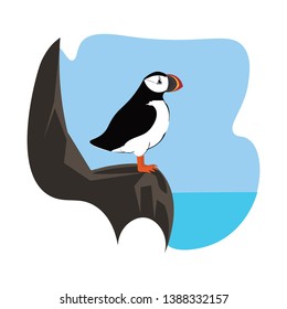 Portrait of a puffin bird in white and black has a colorful stout beak and perched on the rock over a background where the line meets the sea  vector  color drawing or illustration