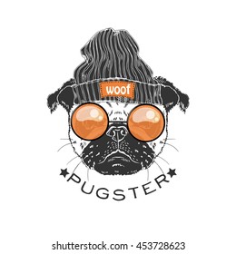 retrato de pug boy hipster, ilustração animal desenhada à mão