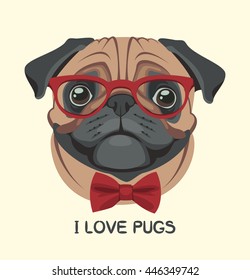 Portrait of a pug dog in glasses and a bow tie. Vector picture with the inscription