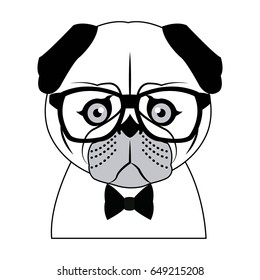 Portrait of a pug dog in glasses and a bow tie. Vector picture with the inscription