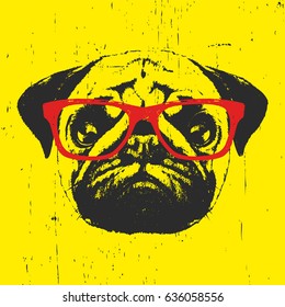 Portrait of Pug Dog with glasses. Hand drawn illustration. T-shirt design.Vector