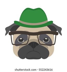 Portrait of pug dog with glasses and hat in flat style. Vector illustration of Hipster dog for cards, t-shirt print,  placard.