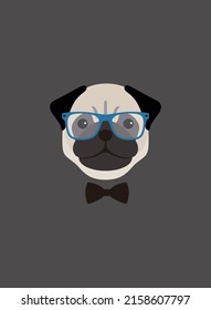 Portrait of pug dog, wearing glasses and bow tie, like a teacher, cool style