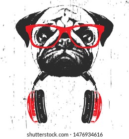 Portrait of Pug with glasses and headphones. Hand-drawn illustration. Vector