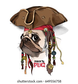 Portrait of a Pug in Pirate hat, bandana and with a dreadlocks. Vector illustration.