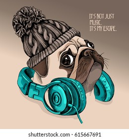 Portrait of a Pug puppy in a knitted hipster hat with a headphones on the neck. Vector illustration.
