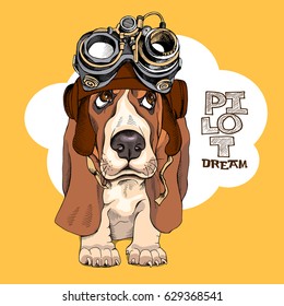 Portrait of a puppy Basset Hound in a Steampunk Pilot helmet. Vector illustration.