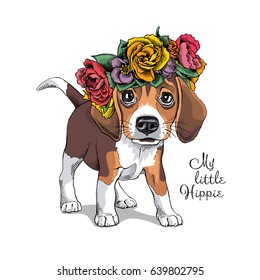 Portrait of a Puppy Beagle in a floral head wreath. Vector illustration.