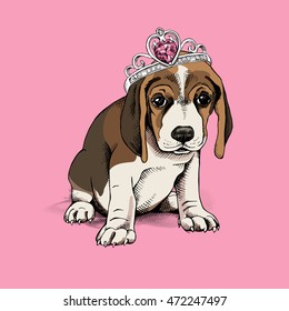 Portrait of a puppy beagle in princess crown on a pink background. Vector illustration.