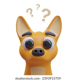 Retrato de cachorro con preguntas que cantan encima del hocico. Concepto de juguete para niños. Un cachorro adorable con colores anaranjados. Ilustración vectorial en estilo 3D en color naranja