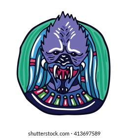 Portrait of a purple predatory alien. Fictional creature from another planet. Vector cartoon character.