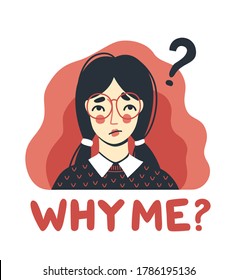 Portrait of puzzled displeased woman. Sad upset girl. Why me concept. Hand-drawn character. Vector illustration.