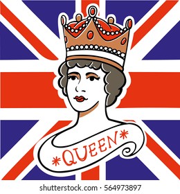 The portrait of Queen of the UK, Canada, Australia, and New Zealand on flag background vector illustration. Illustration can be used for the design of souvenirs, notebooks, posters, postcards, etc.