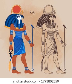 Porträt von Ra, ägyptischer Gott der Sonne. Der wichtigste Gott im alten Ägypten. Auch bekannt als Amun-Ra und Ra-Horakhty. Vektorgrafik. Mann mit dem Kopf eines Hawk und der Sonnenstraße über ihm.