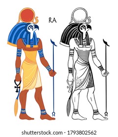 Retrato de Ra, dios egipcio del sol. El dios más importante en el Antiguo Egipto. También conocido como Amun-Ra y Ra-Horakhty. Ilustración aislada del vector. Hombre con la cabeza de un halcón y el disco solar encima de él.