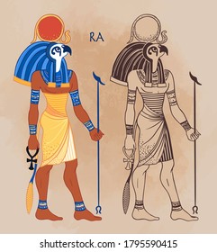 Portrait of Ra,  Egyptian god of sun. Most important god in Ancient Egypt. Also known as Amun-Ra and Ra-Horakhty. Vector illustration. Man with the head of a Hawk and the sun disk above him.