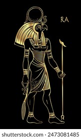 Portrait of Ra, Egyptian god of sun. Most important god in Ancient Egypt. Also known as Amun-Ra and Ra-Horakhty. Hand-drawn vintage vector outline illustration in gold over black.