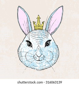 Portrait of rabbit with crown. Can be used to design for T-shirt, card, poster, invitation. Hand drawn fashion animal. Vector illustration