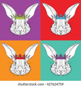 Portrait of rabbit with the crown. Pop art style vector illustration.