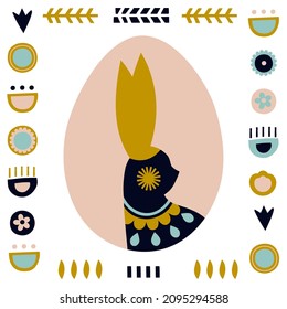The portrait of a rabbit in an egg is decorative. Vector card for Easter. Bunny silhouette in folk style