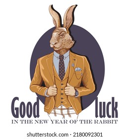 Portrait of a rabbit in fashionable clothes with a wish for the New Year. Good luck in the new year of the rabbit. Portrait of an animal in clothes to use in print souvenirs and on T-shirts
