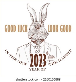 Portrait of a rabbit in fashionable clothes with a wish for the New Year. Good luck in the new year of the rabbit. Portrait of an animal in clothes to use in print souvenirs and on T-shirts